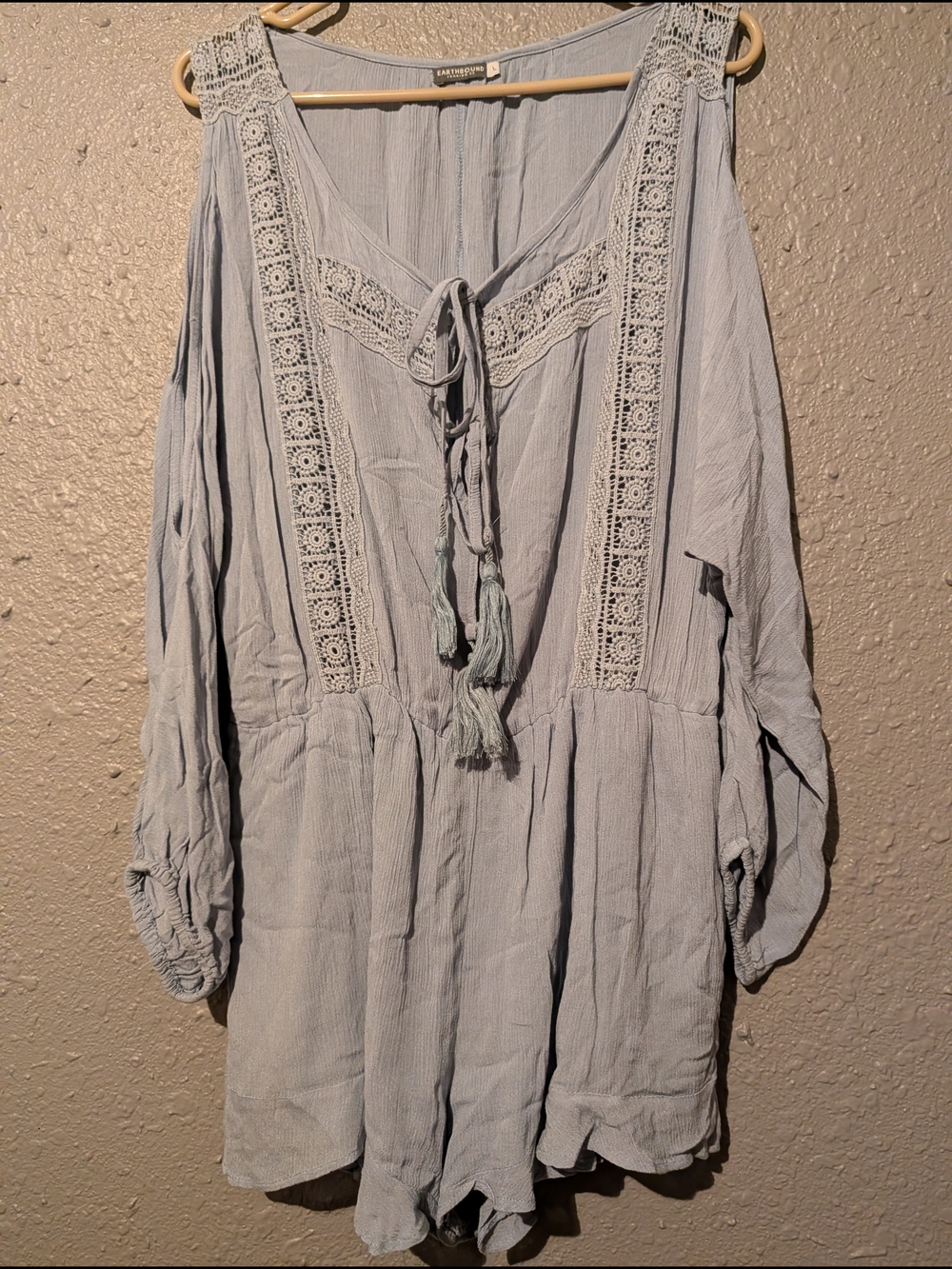 Sz L Light Blue Lace-Trim Boho Peasant Romper
